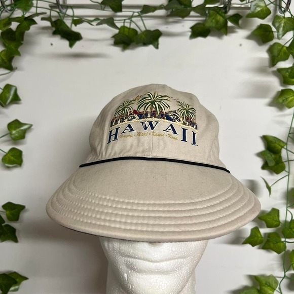Accessories - Vintage 90s‎ Hawaii Islands Womens Tie Back Hat Brimmed Soft Beige Cap OSFA USA